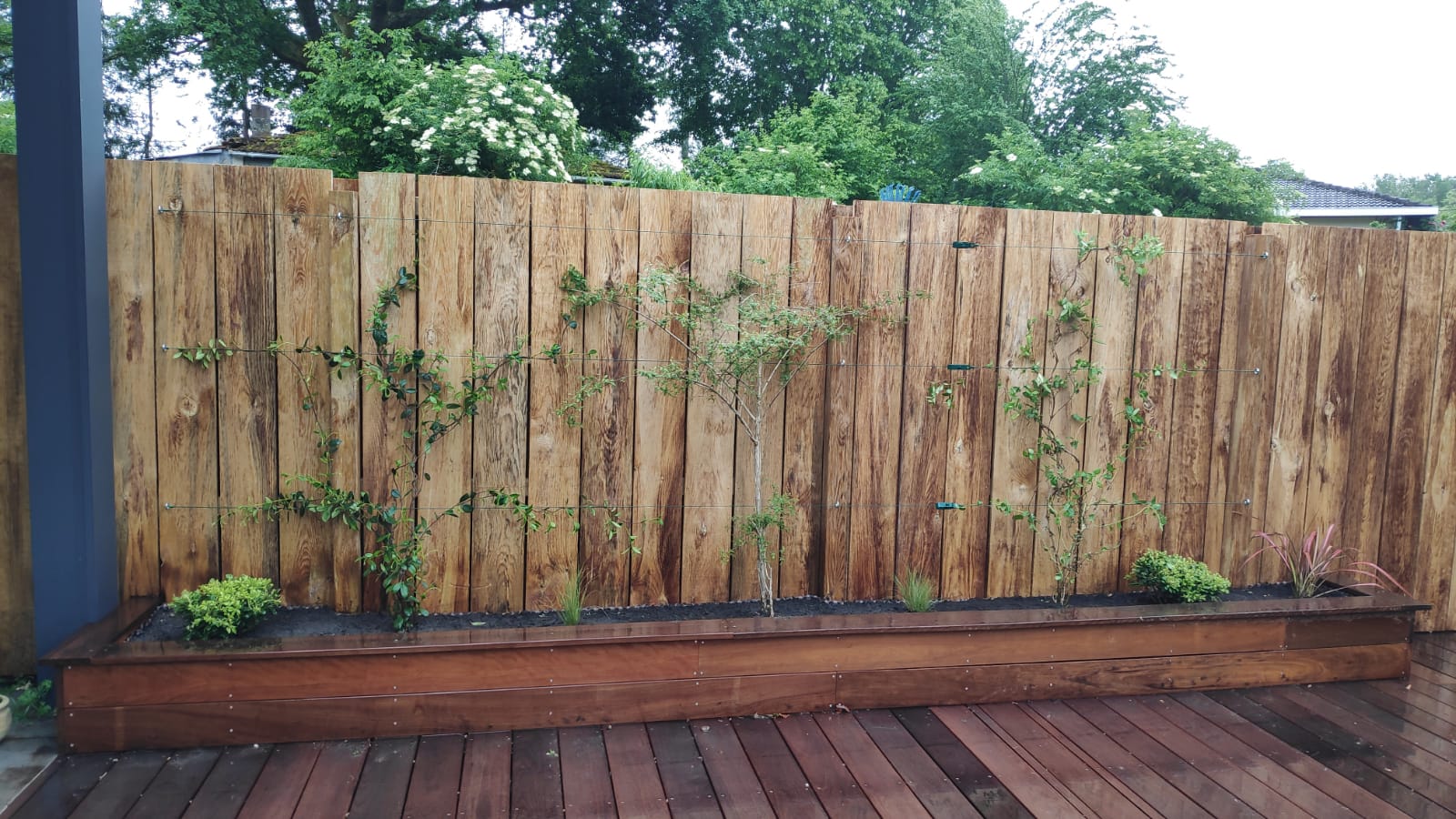 Clôture sur mesure avec sa jardinière en bois, plantation de jasmins