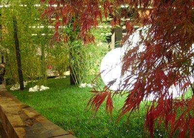 Sphères lumineuses au milieu des bambous et de l'érable