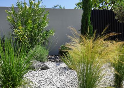 Variété de pennisetum, miscanthus, laurier blanc, romarin et cyprès