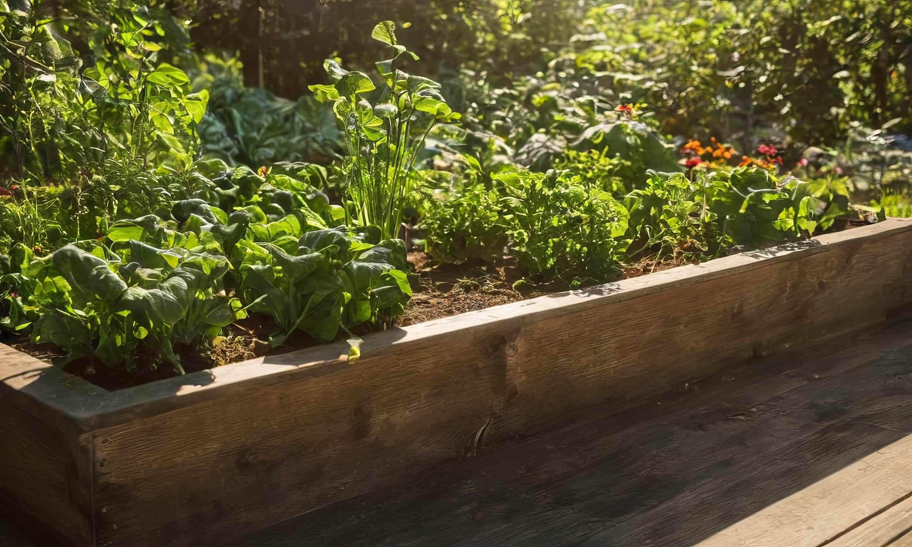Jardin potager avec bordures en bois, espace bien-être facile à entretenir et jardiner sans effort