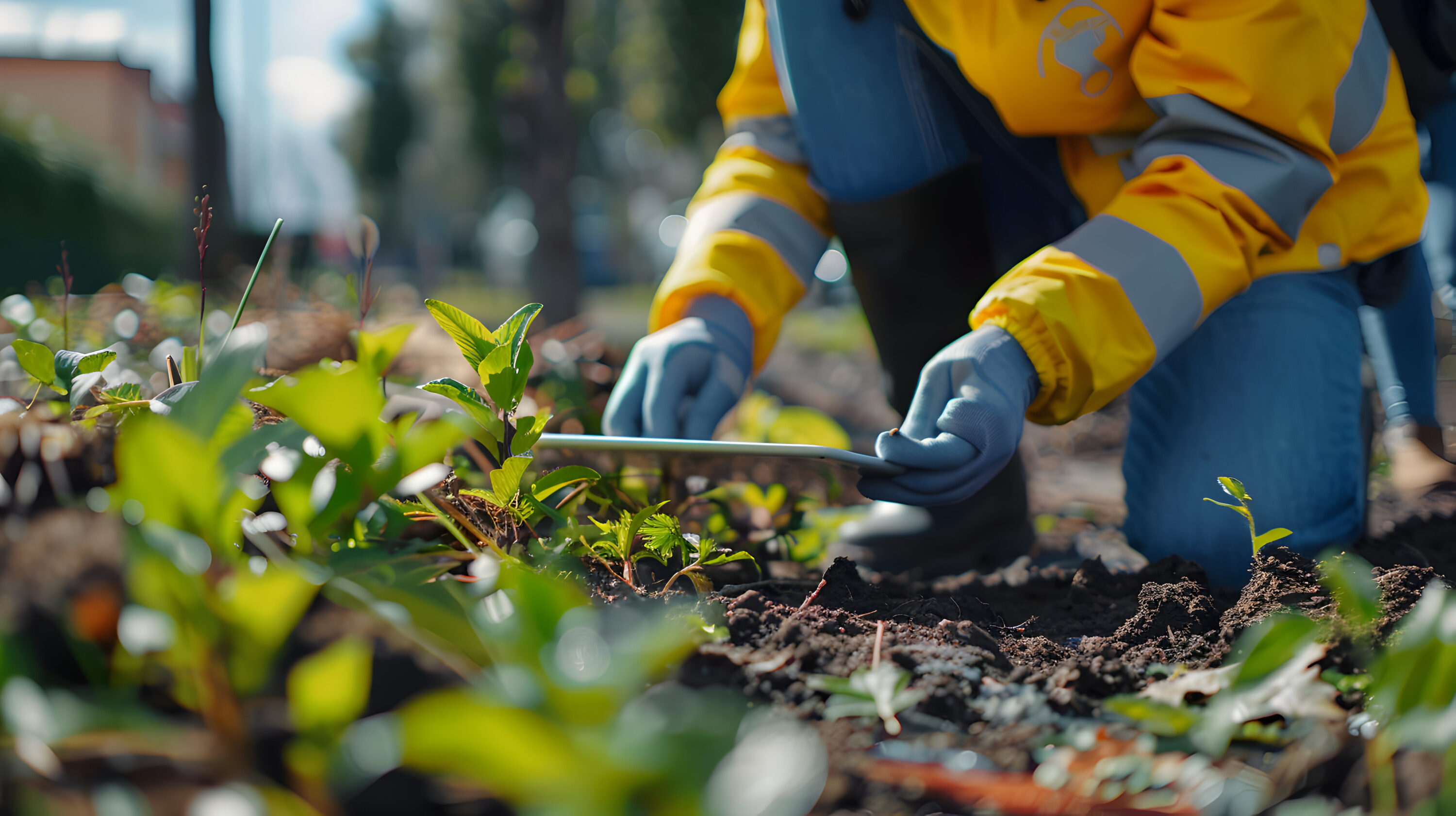 Entretien d’espaces verts : professionnel plantant et ajustant de jeunes végétaux dans un sol préparé.